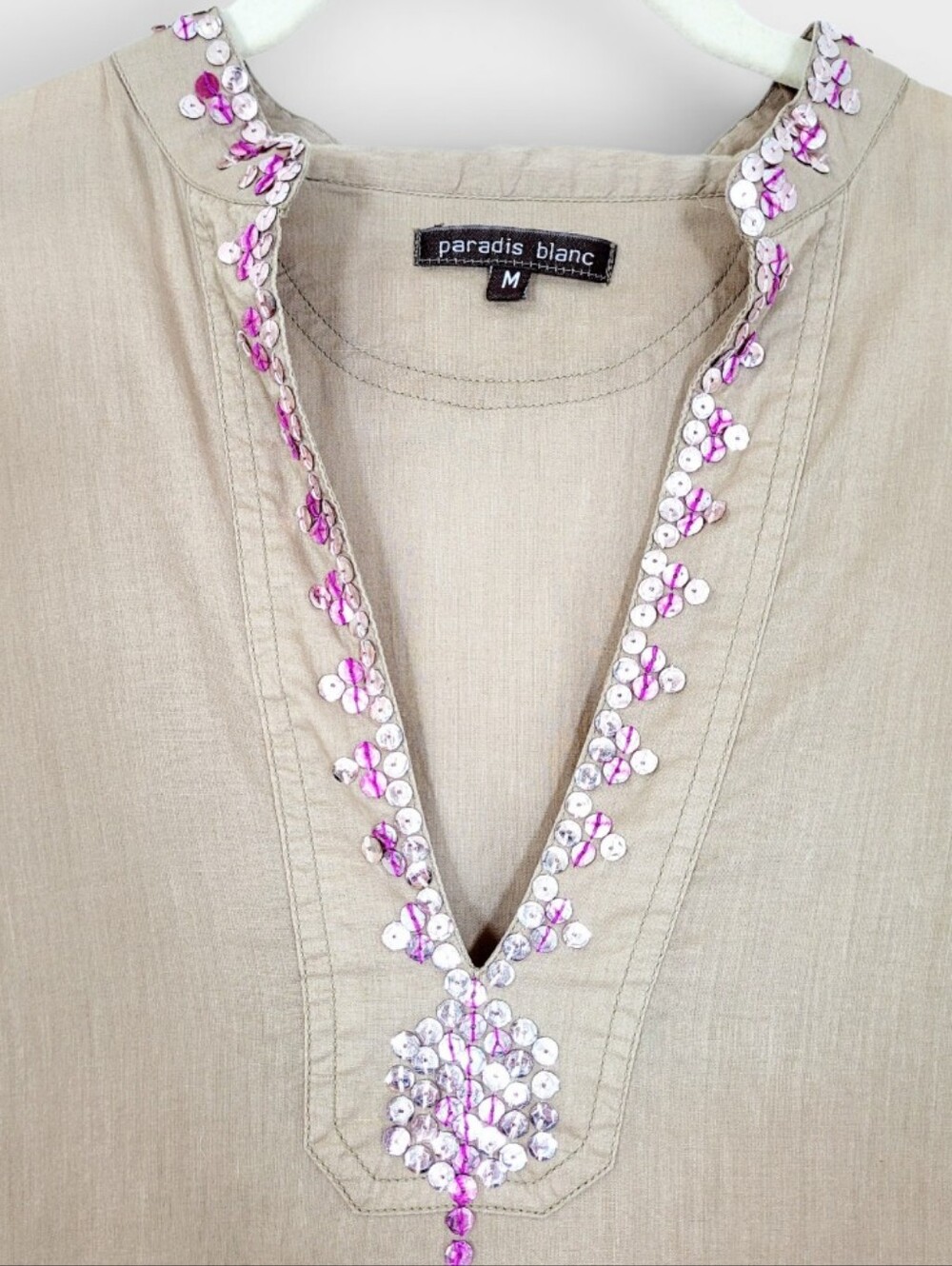 PARADIS BLANC European Cotton Sequin Detail Kaftan Swimsuit Coverup Cover Up M - Picture 3 of 11